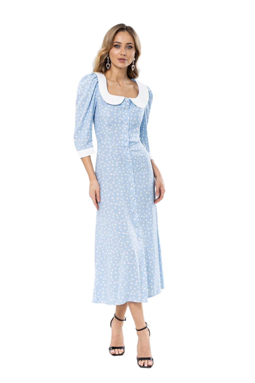 Light Blue Floral Midi Dress with White Peter Pan Collar and Button Front