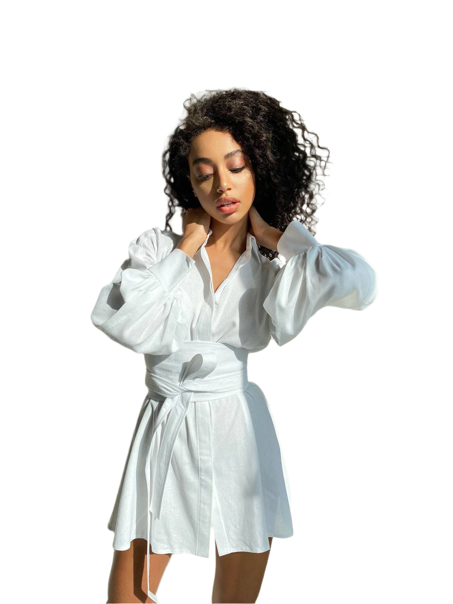 Woman wearing a white shirt with long sleeves on a white background