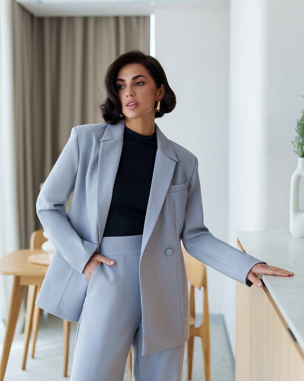 Premium Women Suit Jacket and Pants in Gray Blue