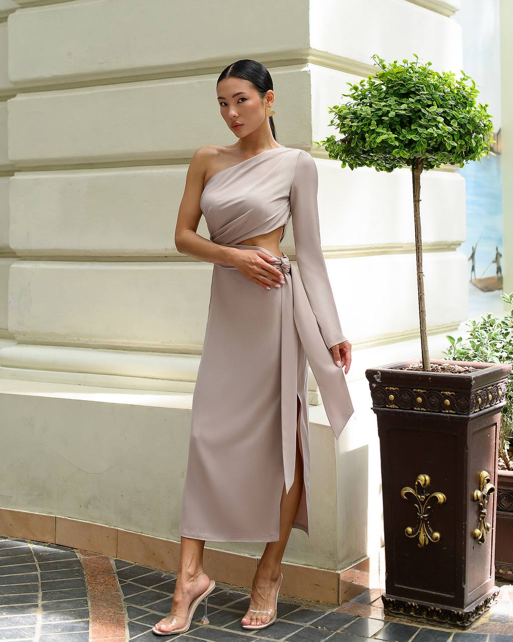 Asymmetric One Sleeve Midi Dress in Light Beige Satin