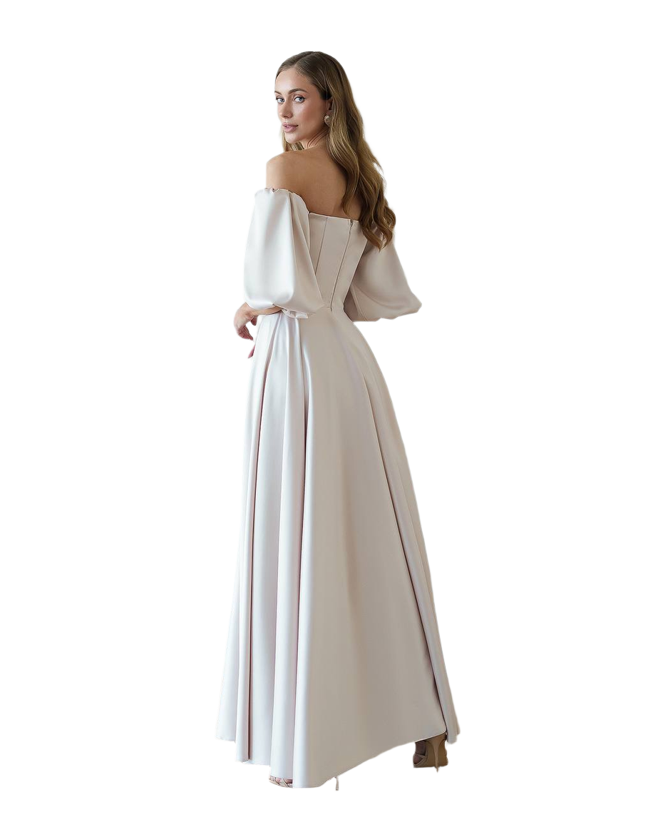 Woman wearing a white off-shoulder gown on a white background
