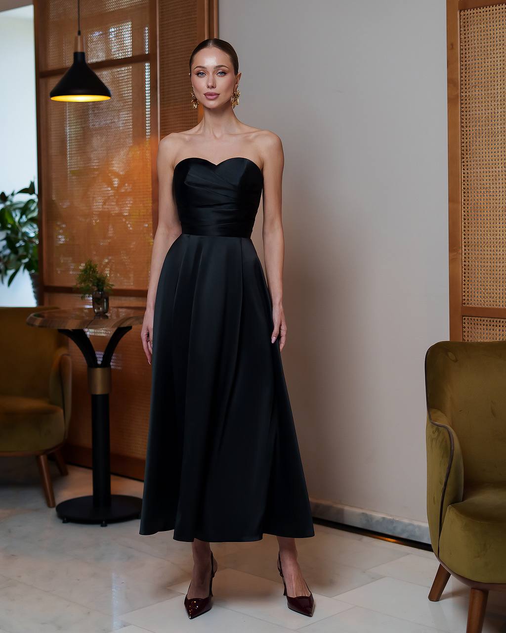 Women's Premium Dense Satin Strapless Midi Dress