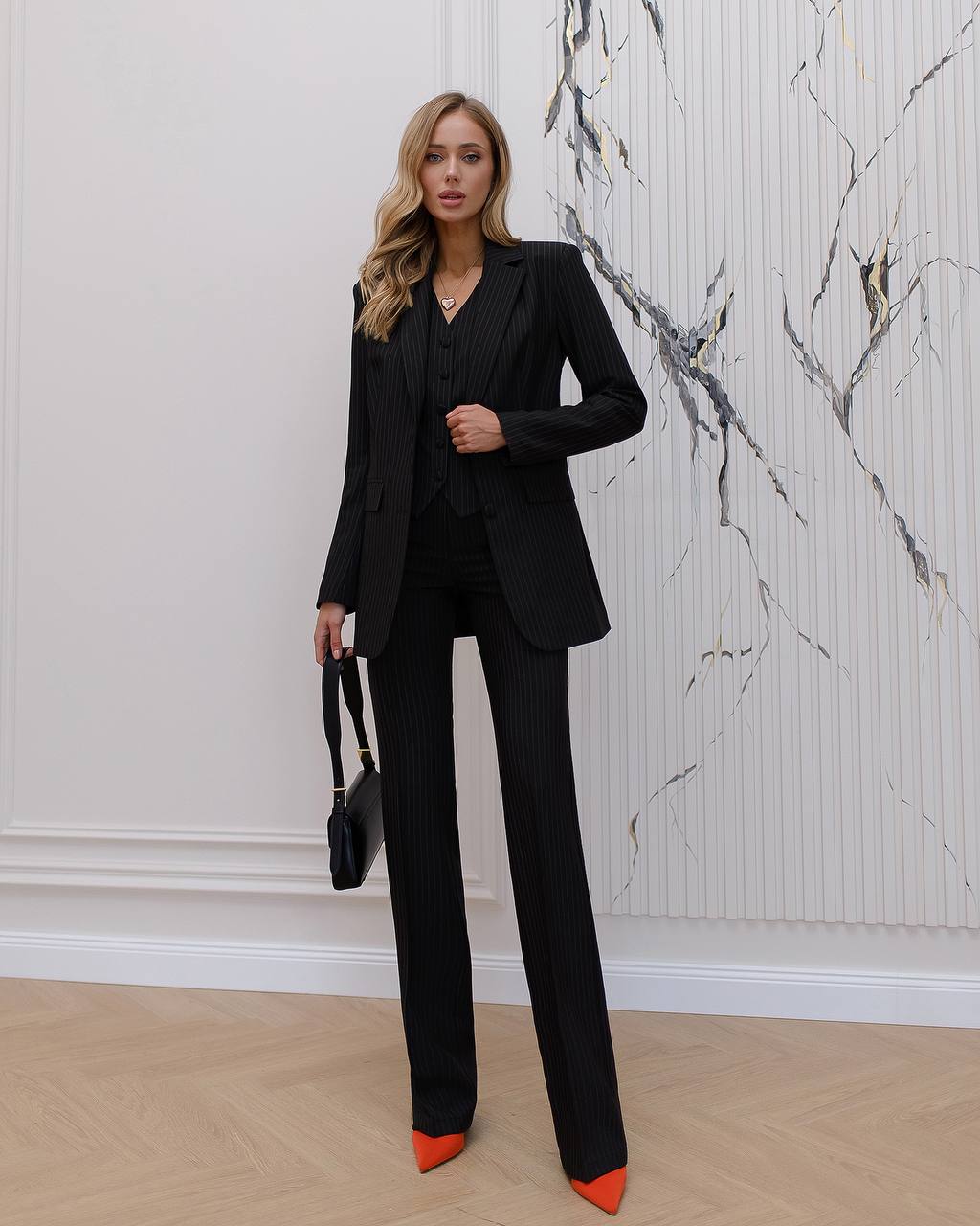 Womens Three-Piece Suit with Vest Diagonal Crepe Fabric