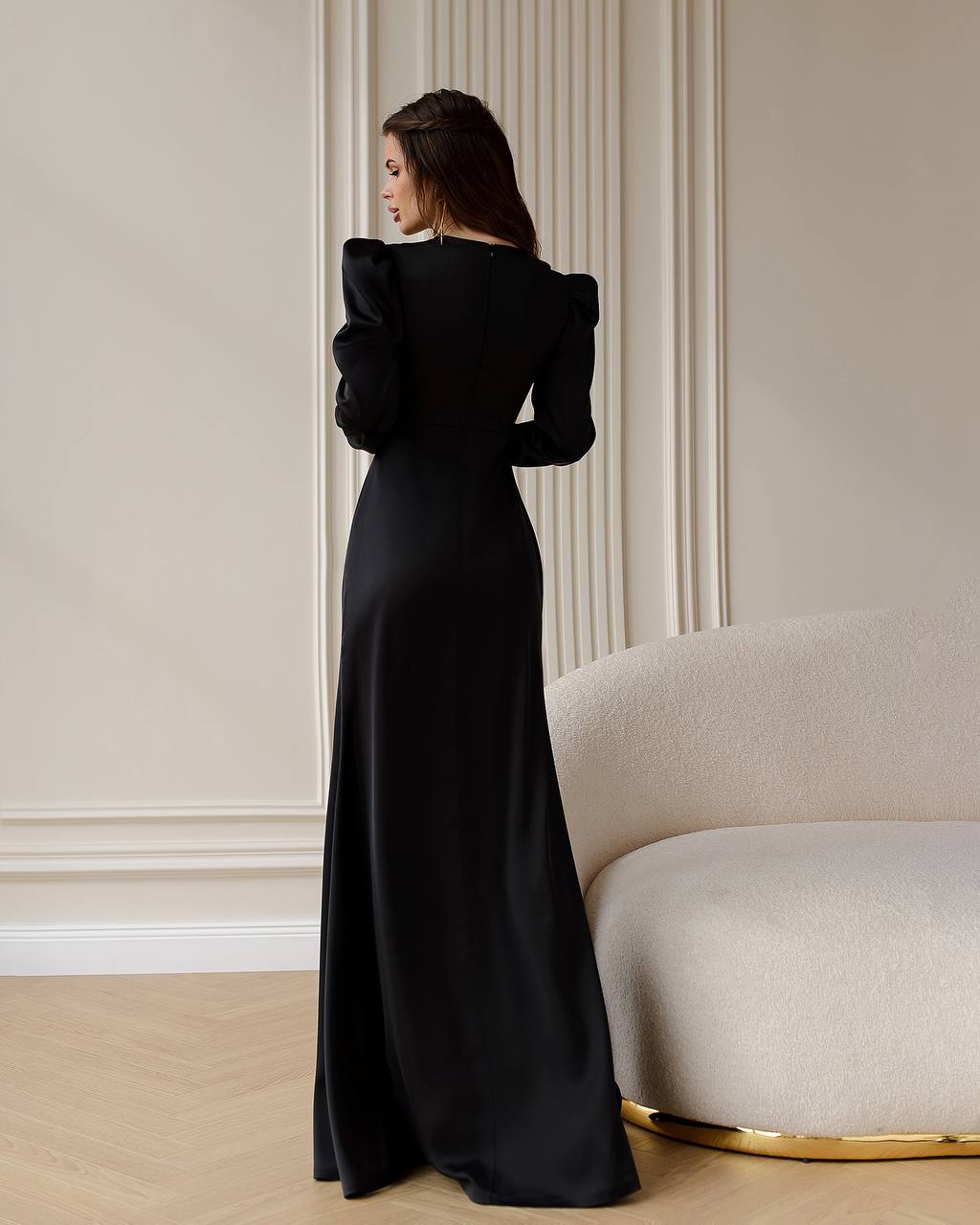 Elegant Black Maxi Dress with Long Sleeves and Front Slit