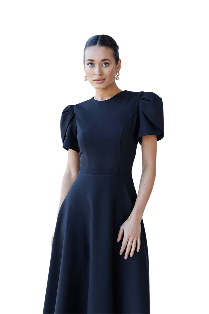 Elegant Women's Black Diagonal Crepe Dress with Puff Sleeves
