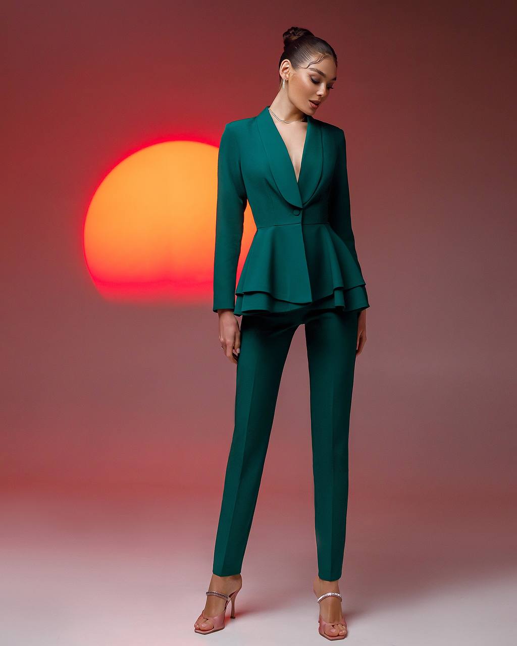 Premium Diagonal Crepe Women Suit with Peplum Jacket in Green