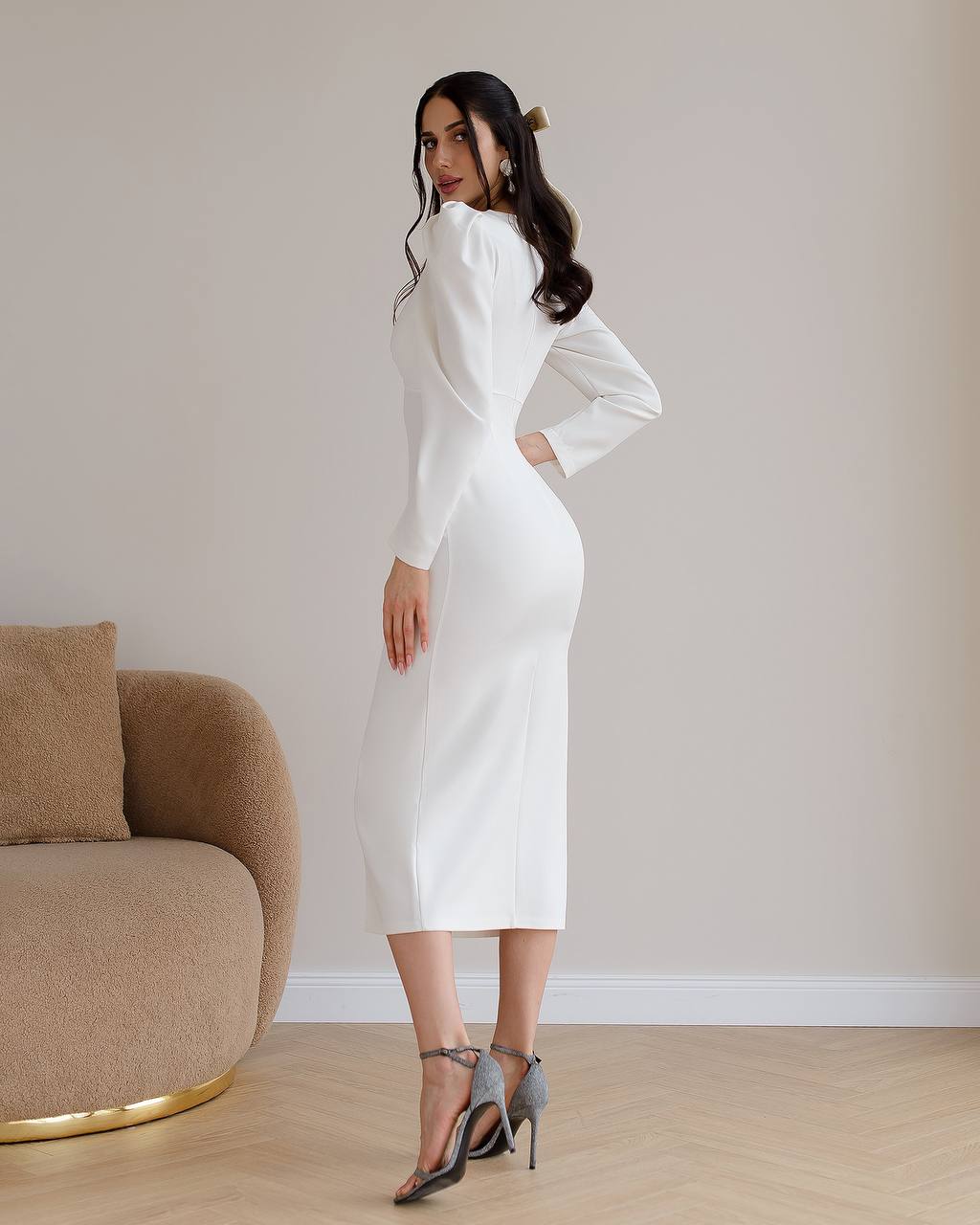 Elegant White Midi Dress Women Puff Sleeves Split Front Suit Crepe