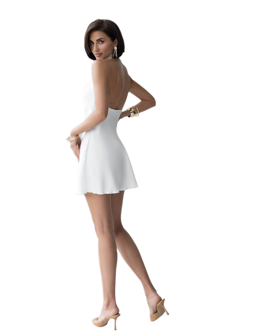 Woman wearing a white dress on a white background