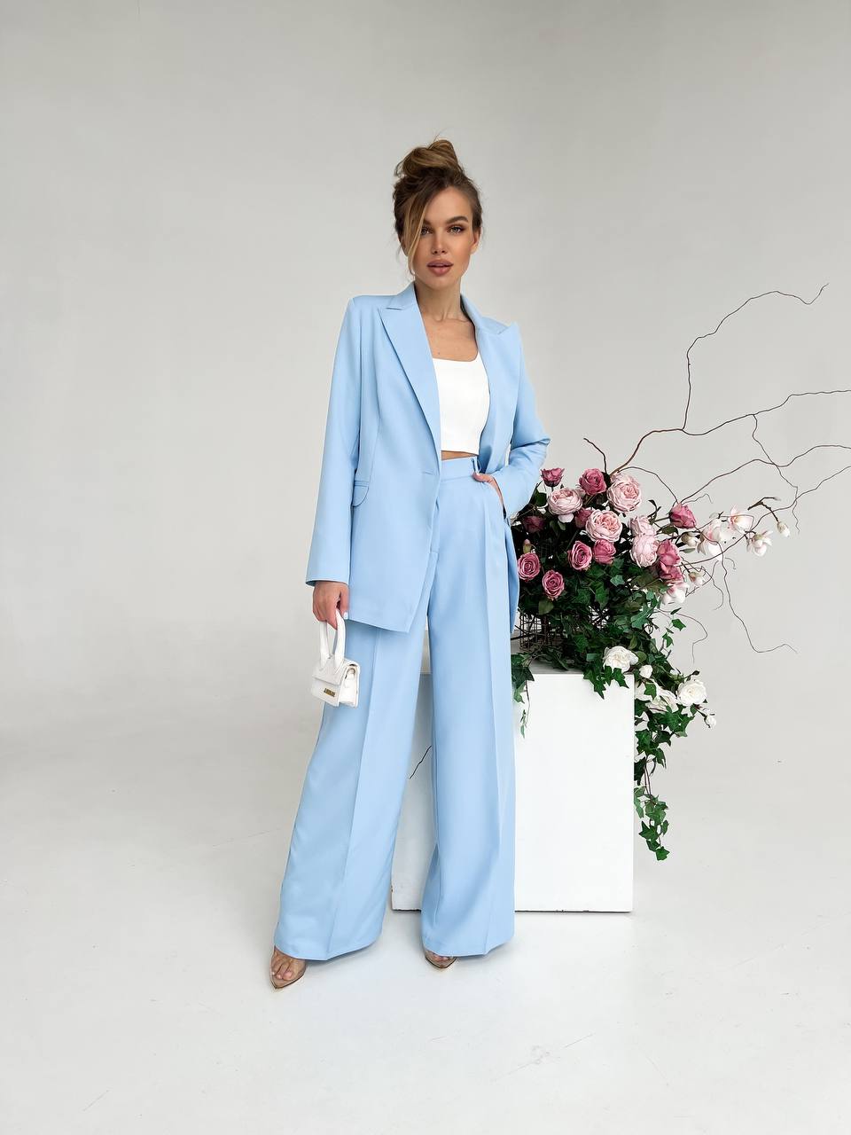 Sky Blue Palazzo Suit Diagonal Crepe Lined Blazer Wide Leg Pants