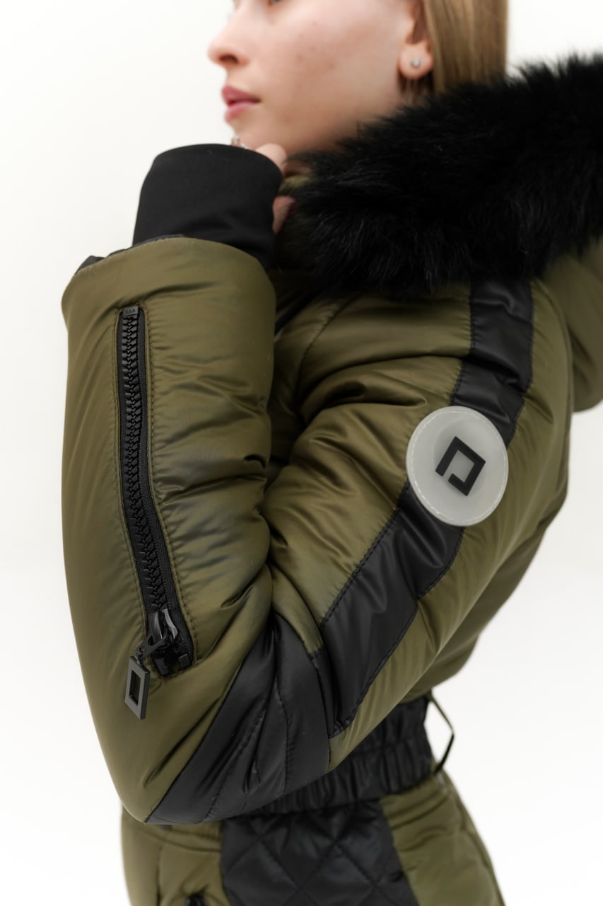 Green winter jacket with black fur hood and accents on a white background