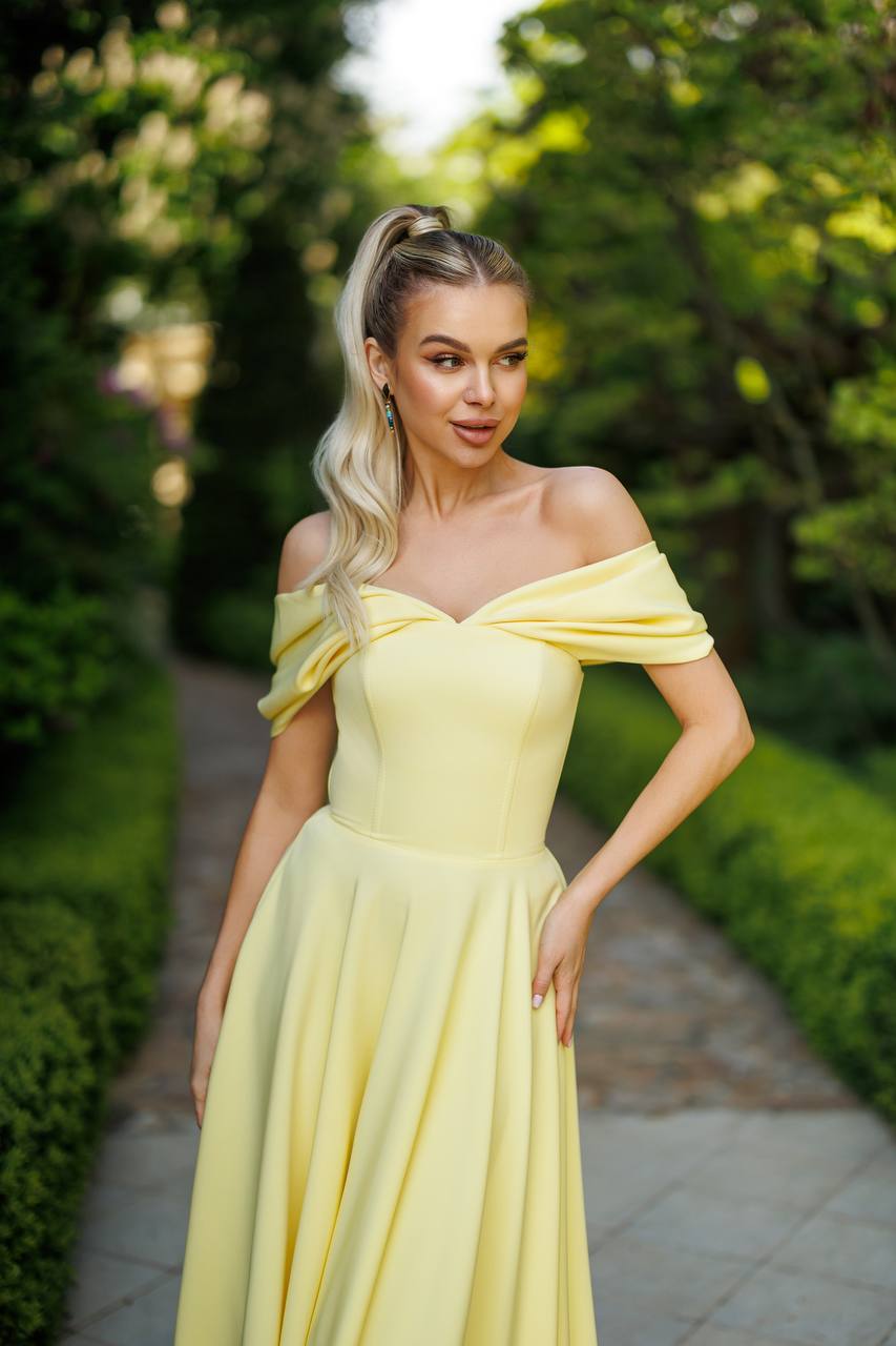 Elegant Off-Shoulder Yellow Diagonal Crepe Dress for Women