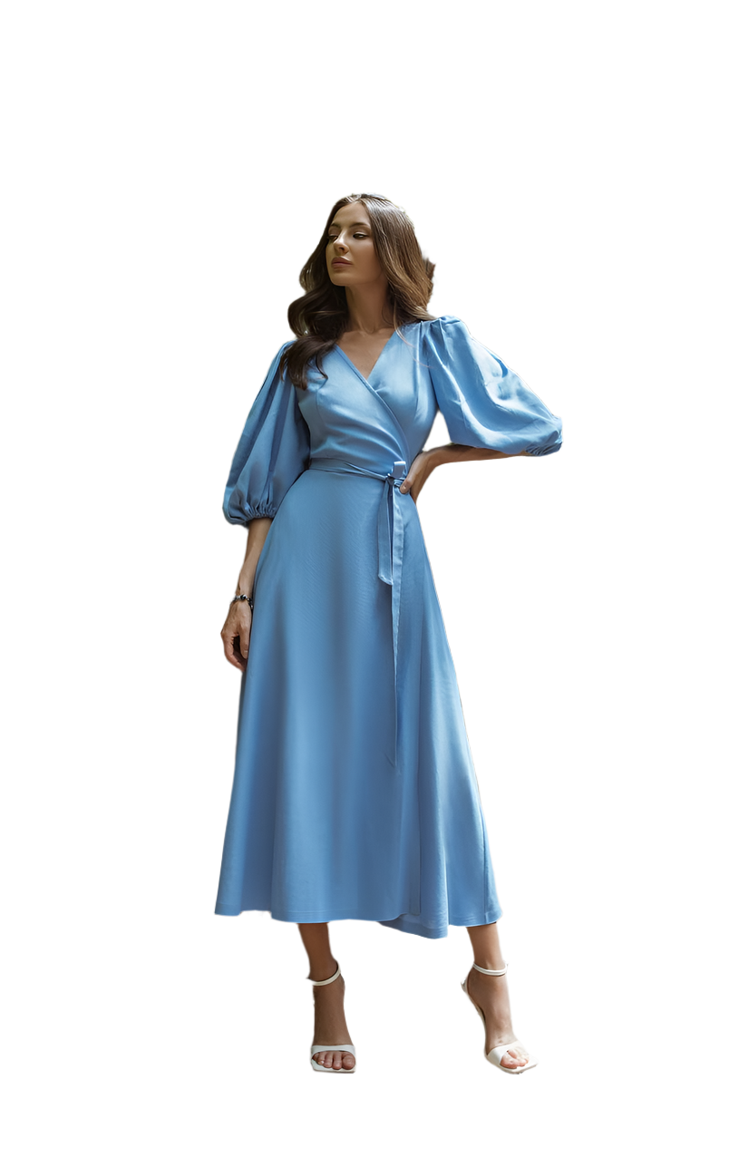 Elegant Linen Wrap Sundress in Sky Blue with Puff Sleeves