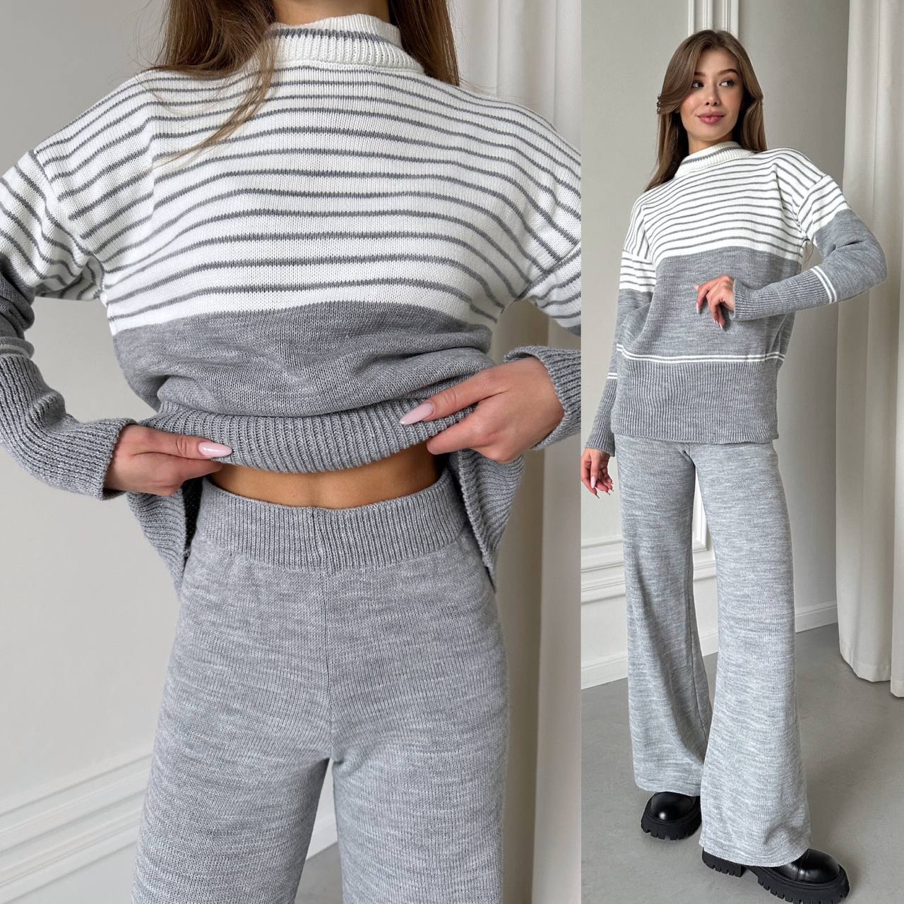 Woman wearing a gray and white striped sweater and matching pants in a minimalistic setting.