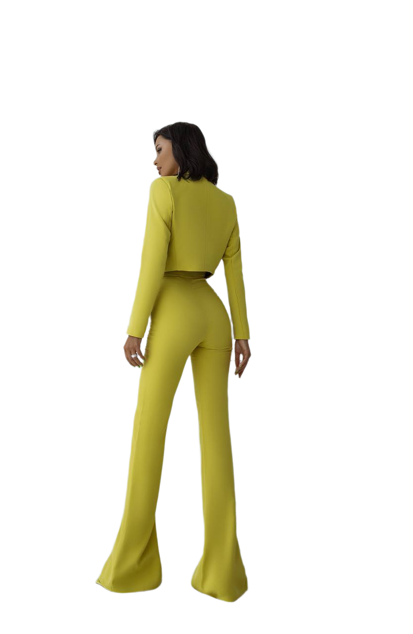 Woman wearing a bright yellow outfit on a white background