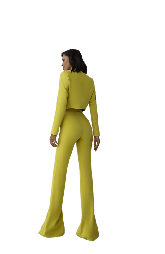 Woman wearing a bright yellow outfit on a white background