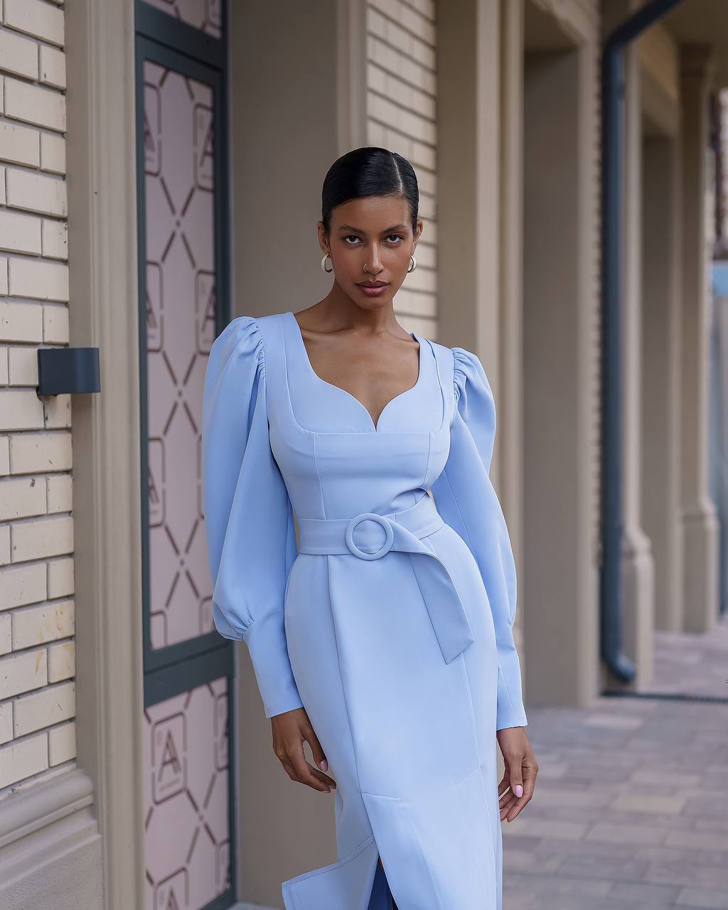 Elegant Midi Dress with Puff Long Sleeves and Belt in Premium Suit Crepe