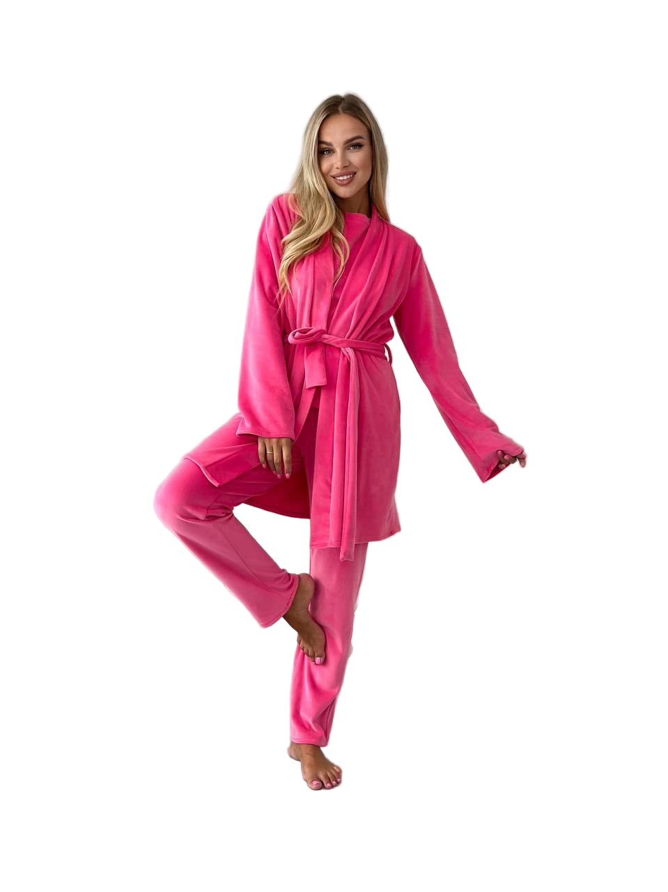 Pink Velour Three Piece Loungewear Set Robe Top Pants Cozy Homewear