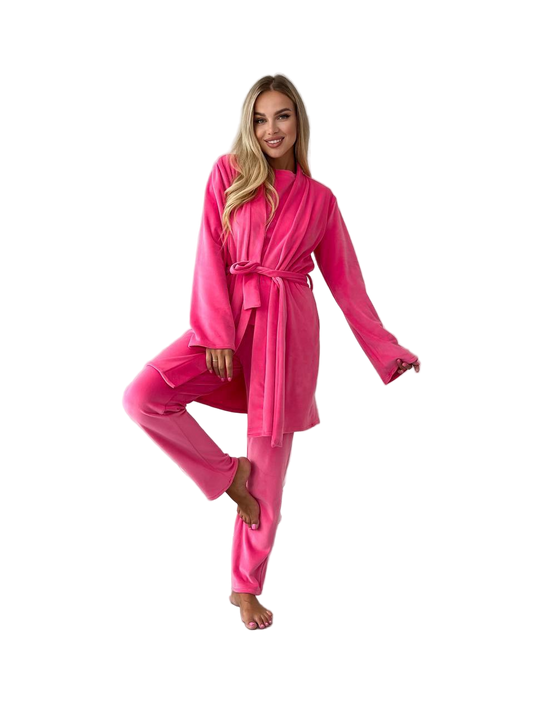 Pink Velour Three Piece Loungewear Set Robe Top Pants Cozy Homewear