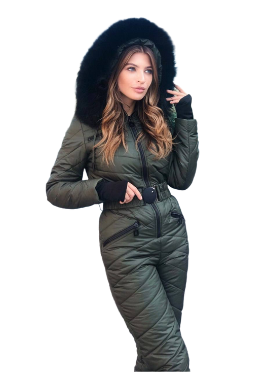 Woman wearing a green winter suit with a fur-lined hood on a white background