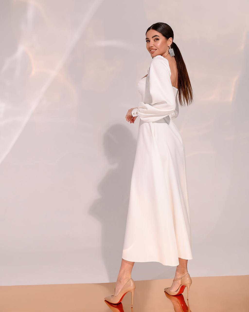 White Midi Dress with Cups and Long Puff Sleeves for Women