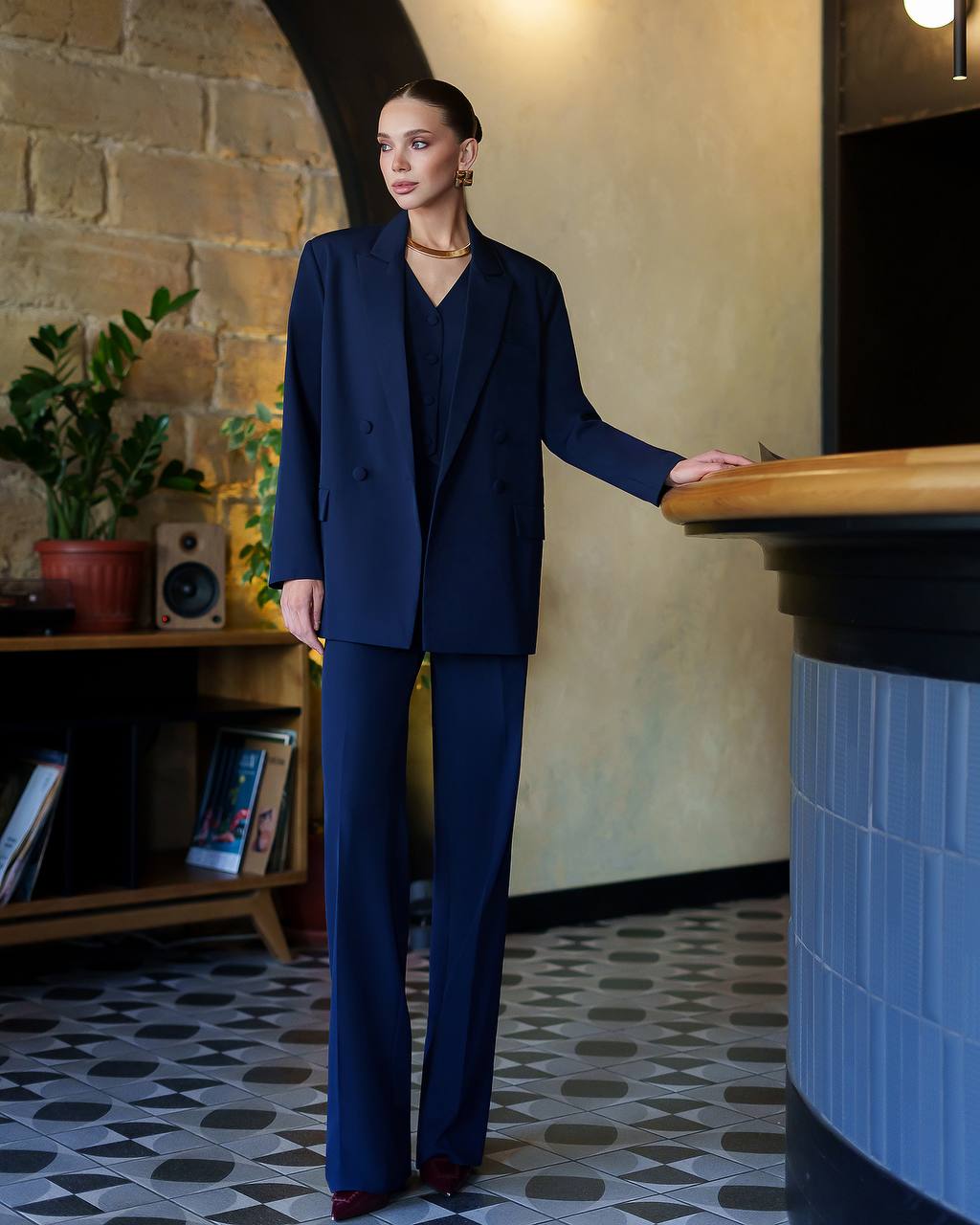Womens Premium Navy Blue Three Piece Suit Blazer Vest Trousers