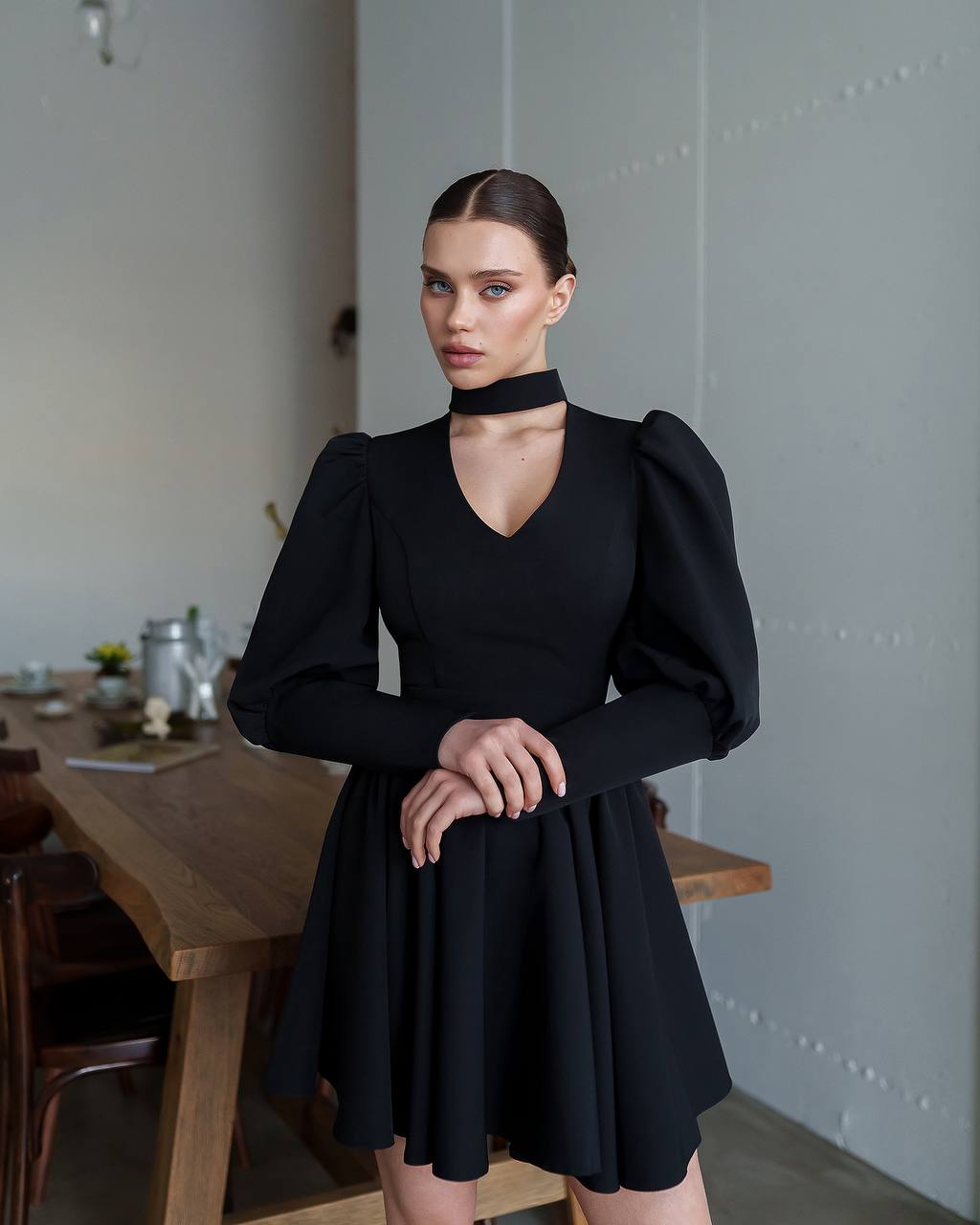 Elegant Black Mini Dress with Full Skirt and Puff Sleeves