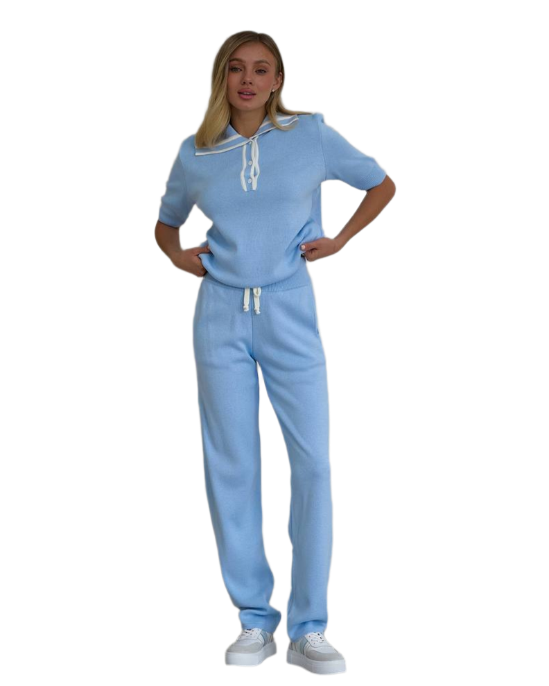 Lux Quality Women's Light Blue Suit Set with Knit Pants and Top