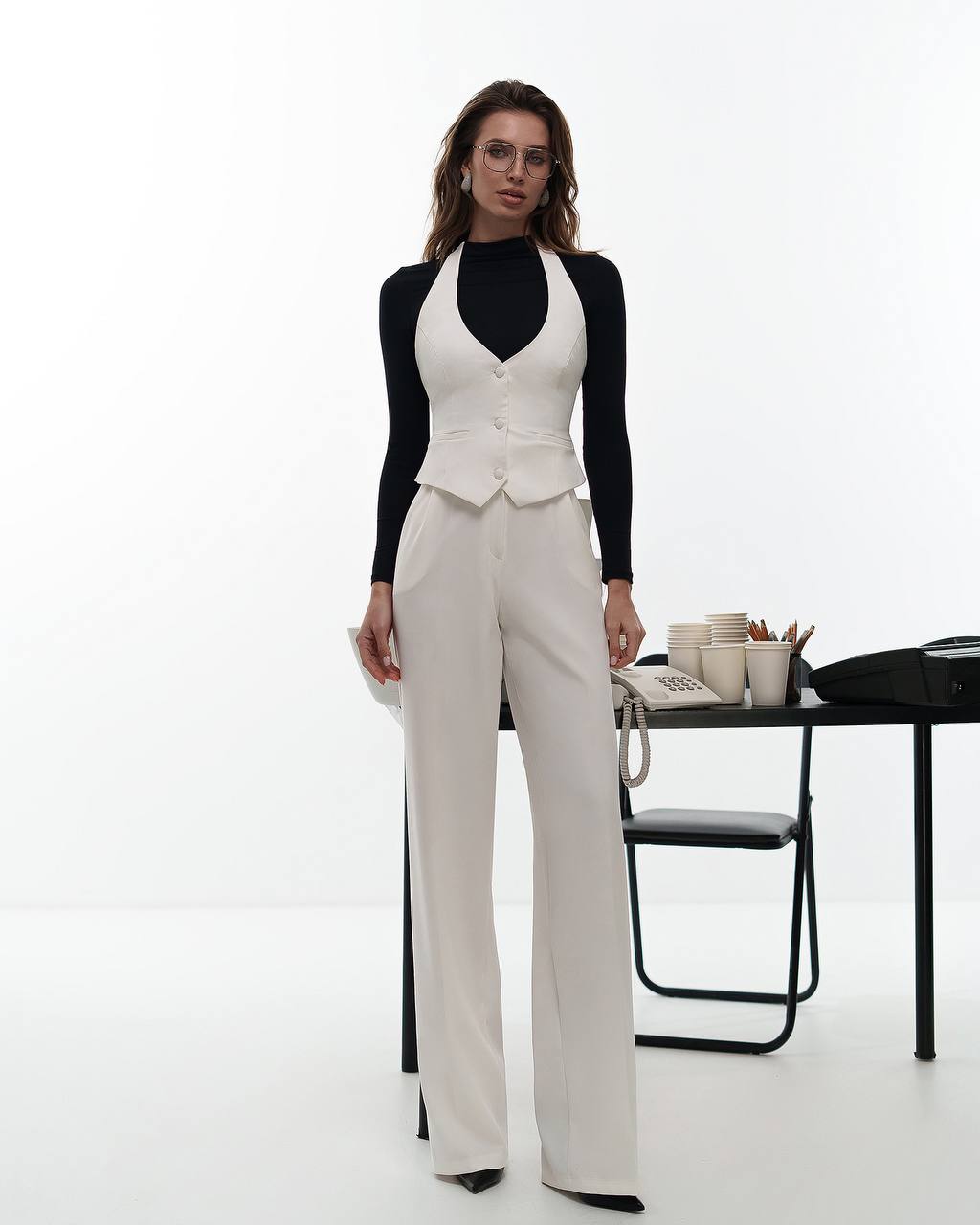 Womens Premium Diagonal Suiting Crepe Vest Halter Neck Button Front