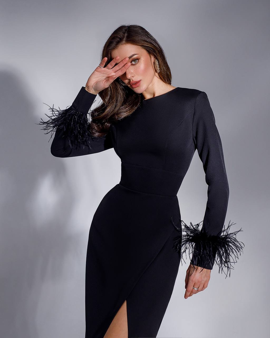 Women Midi Dress Premium Crepe-Diagonal Feather Accents in Black Red Milk-White Blue
