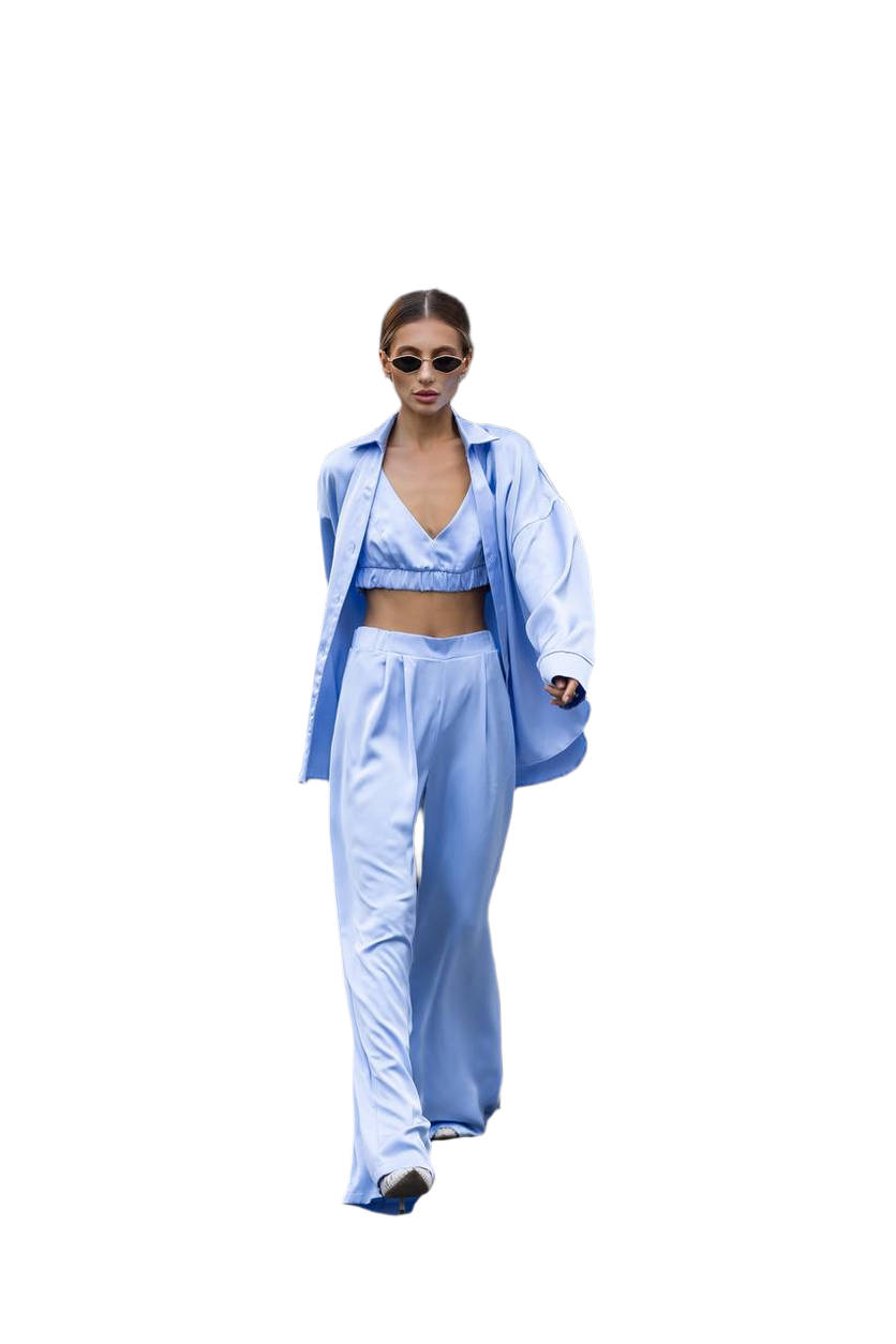 Luxury Satin Three-Piece Women's Suit Light Blue
