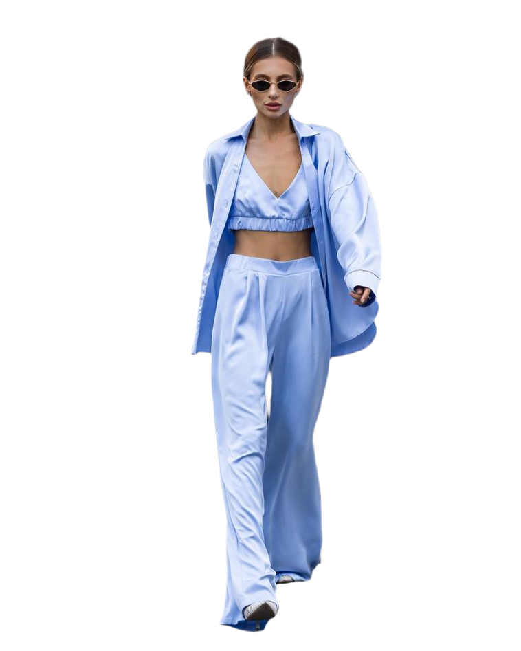 Luxury Satin Three-Piece Women's Suit Light Blue