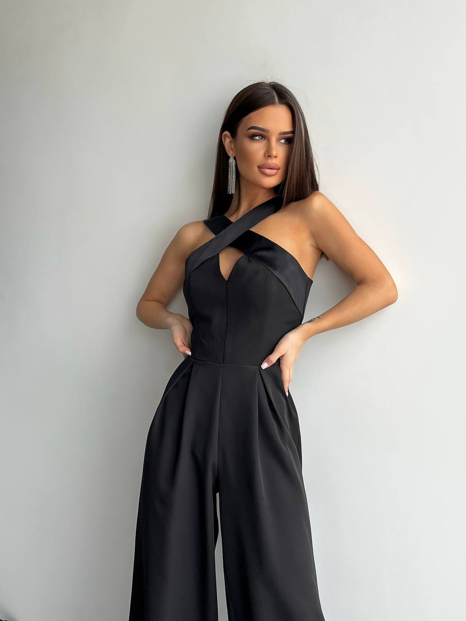 Electra Black Jumpsuit for Women with Satin Details