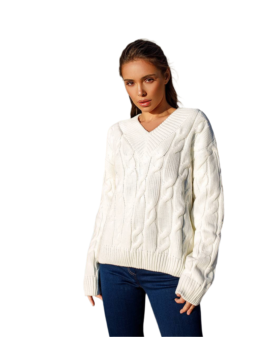 Womens Cable Knit V Neck Sweater High Quality Yarn
