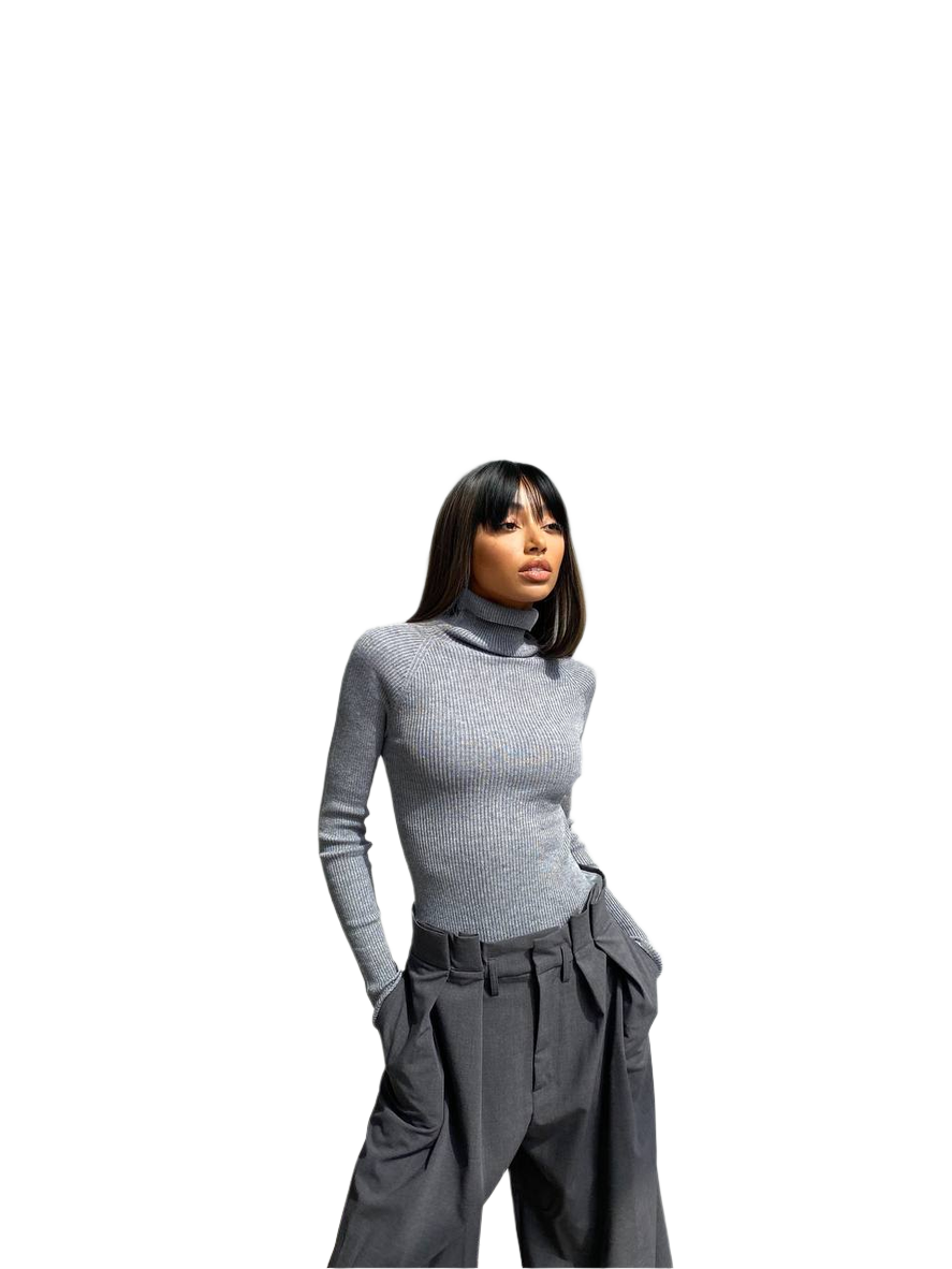 Person wearing a gray turtleneck and wide-leg pants on a white background