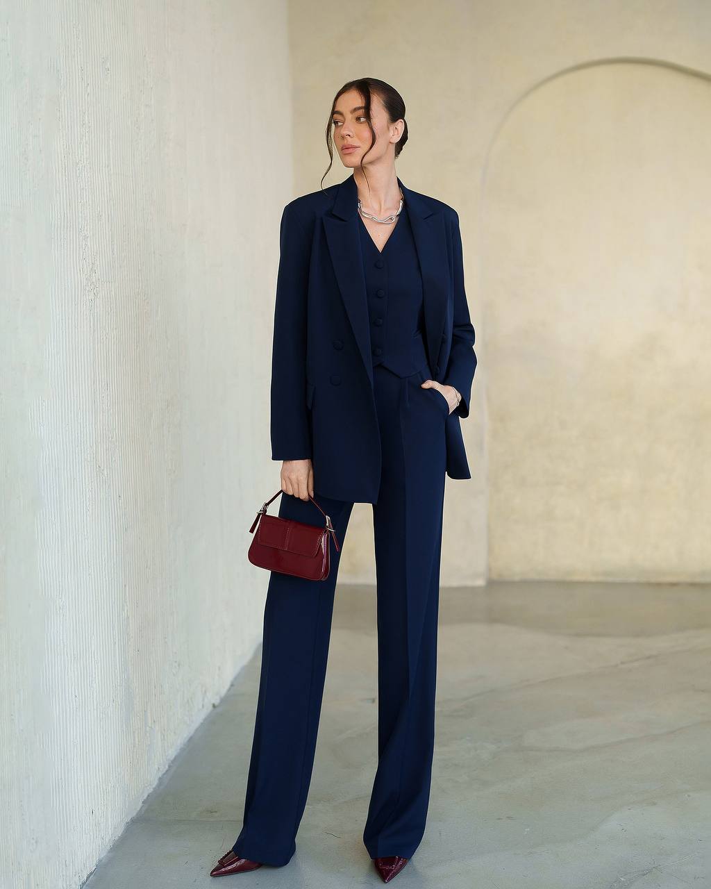 Womens Premium Navy Blue Three Piece Suit Blazer Vest Trousers