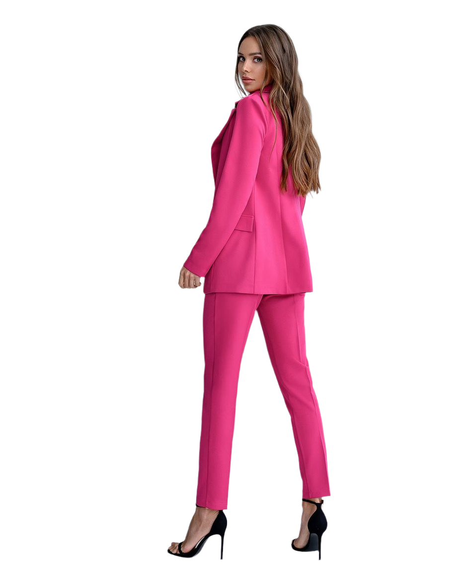 Woman wearing a bright pink suit on a white background