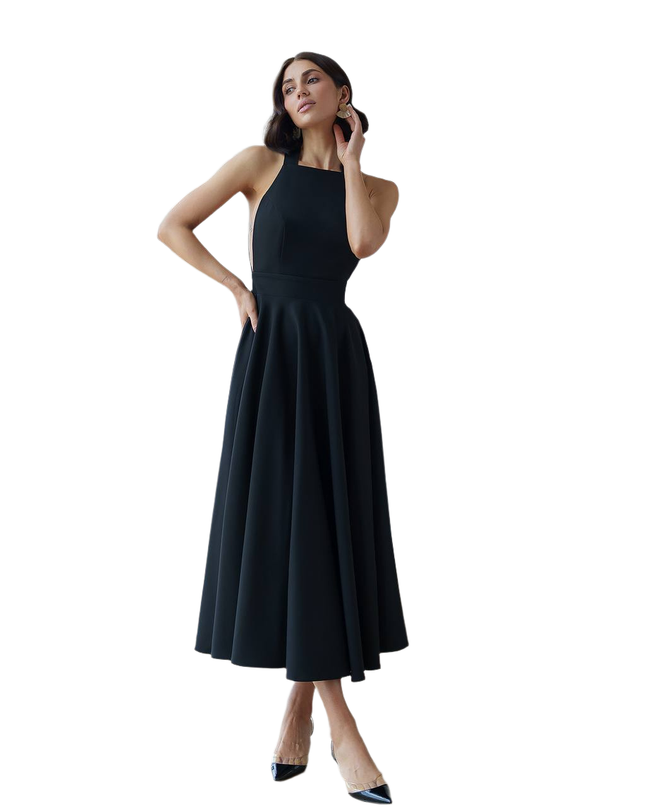 Elegant Black Midi Dress for Women in Premium Suit Crepe Diagonal Fabric