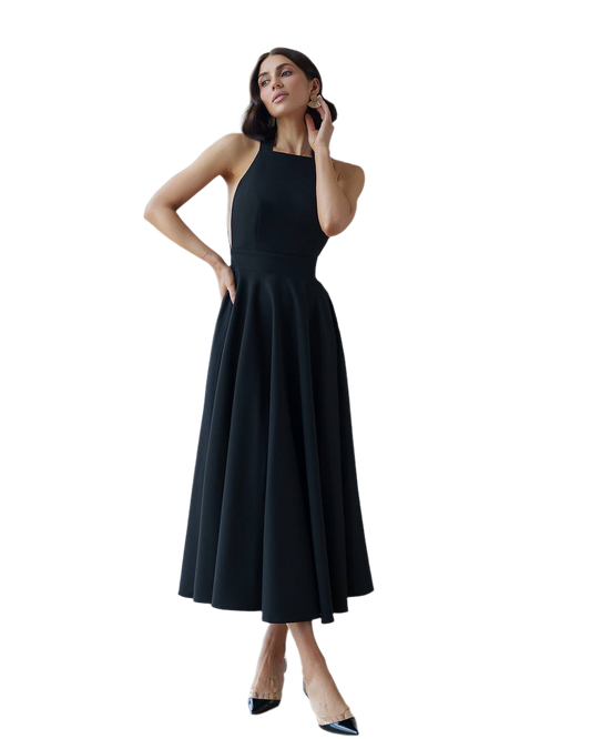 Elegant Black Midi Dress for Women in Premium Suit Crepe Diagonal Fabric