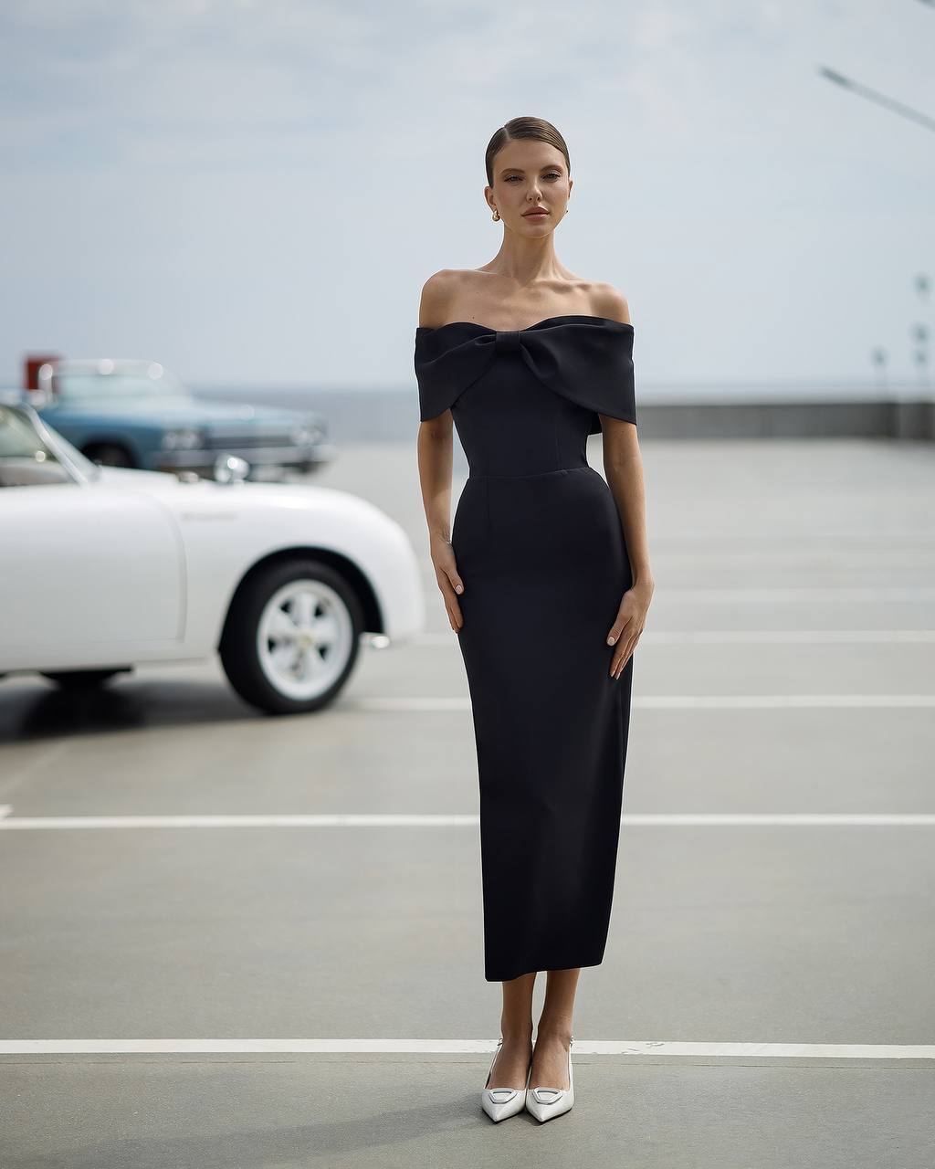 Elegant Off-Shoulder Black Midi Dress with Corset Detail