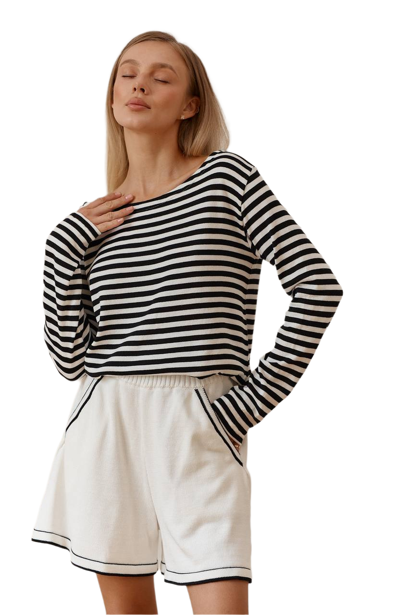 Women Sailor Costume Set Black and White Striped Long Sleeve Top and White Shorts