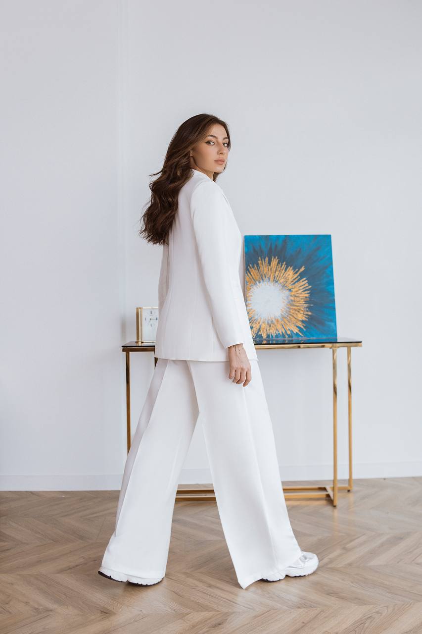 White Palazzo Suit Diagonal Crepe Womens Pantsuit with Premium Lining