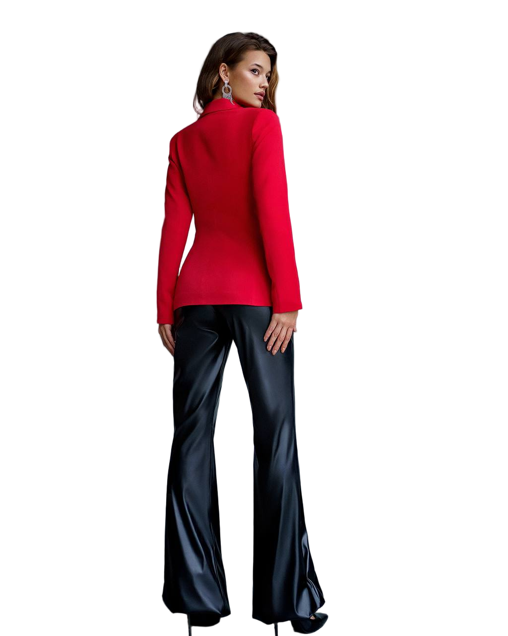 Woman wearing a red blazer and black pants on a white background