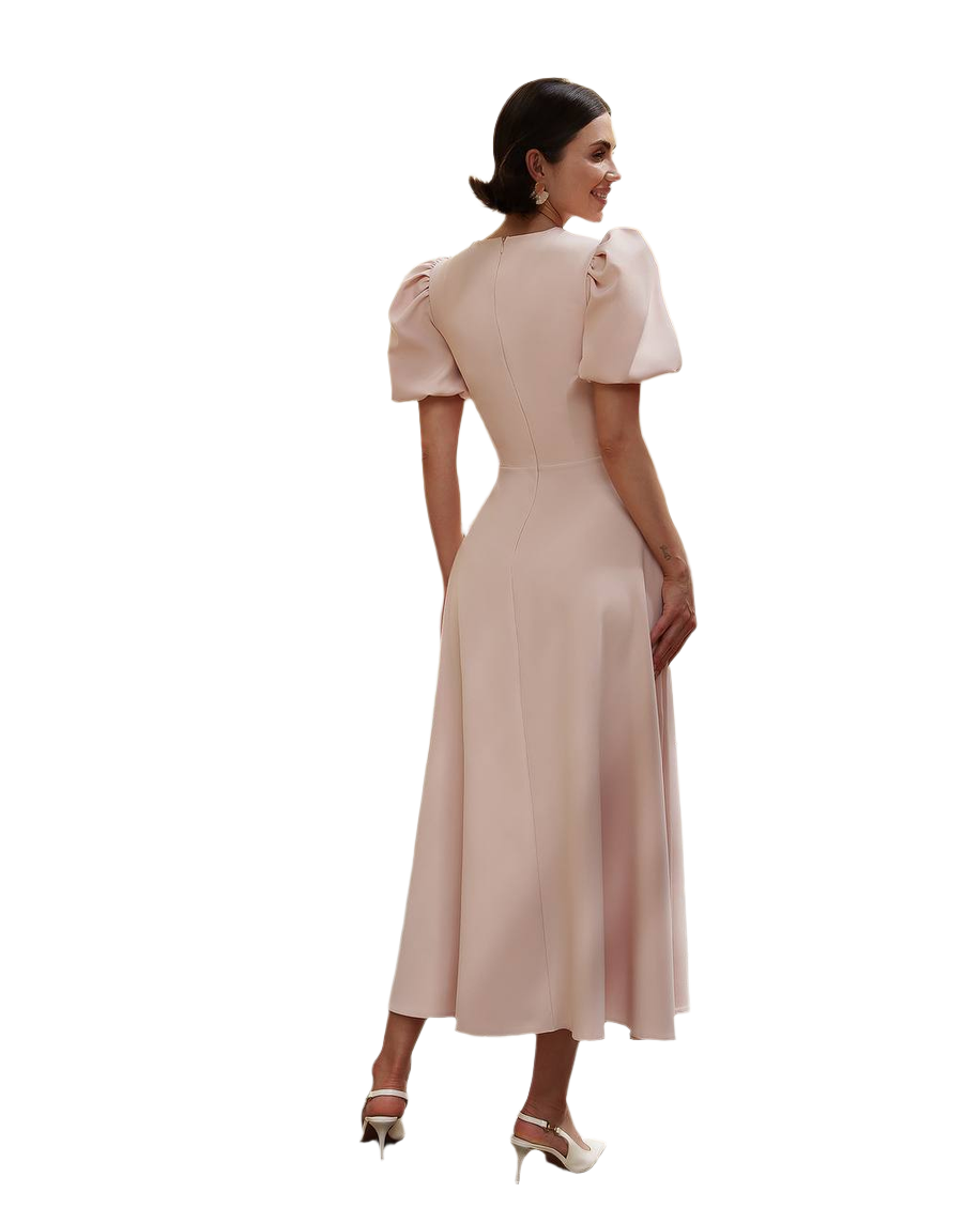 Elegant Puff Sleeve Midi Dress in Premium Diagonal Suit Crepe