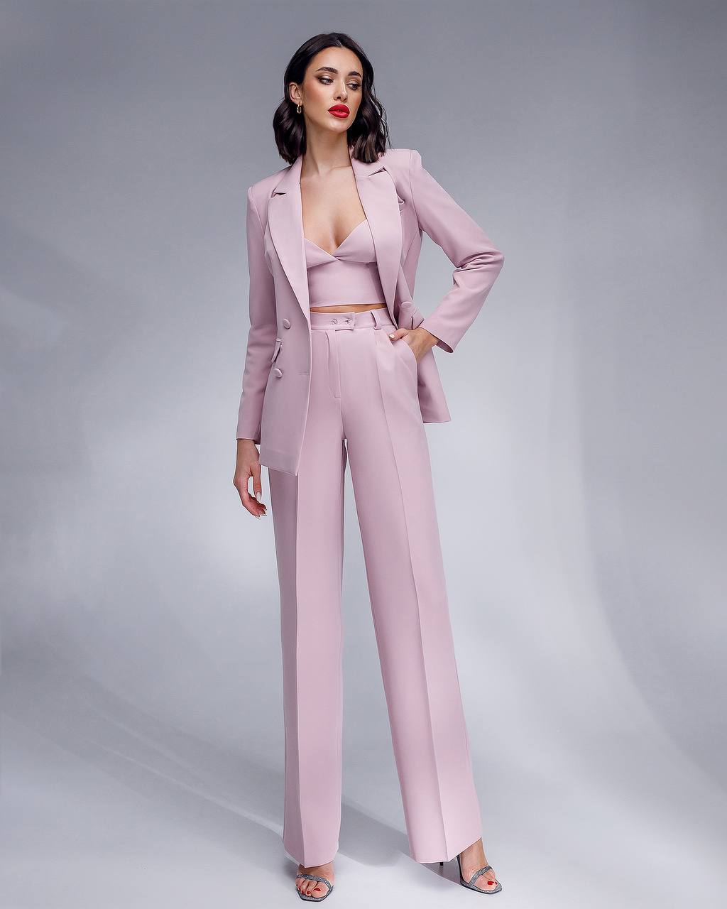 Pink Prom Bridal Wedding Cocktail Graduation Three Piece Womens Suit Jacket Top Trousers Elegant Business Outfit Pantsuit Palazzo Pants
