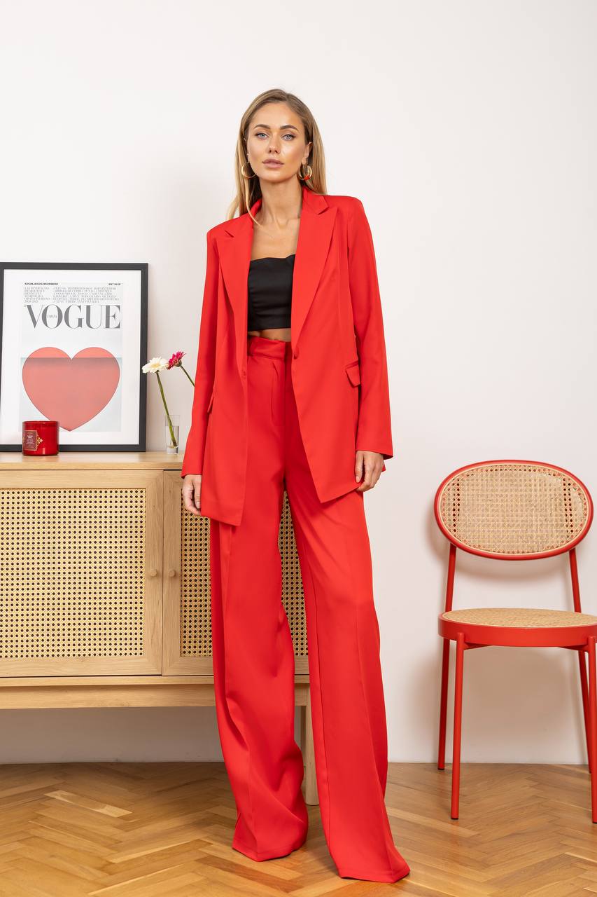 Red Diagonal Crepe Palazzo Suit Women Tailored Blazer Wide Leg Pants