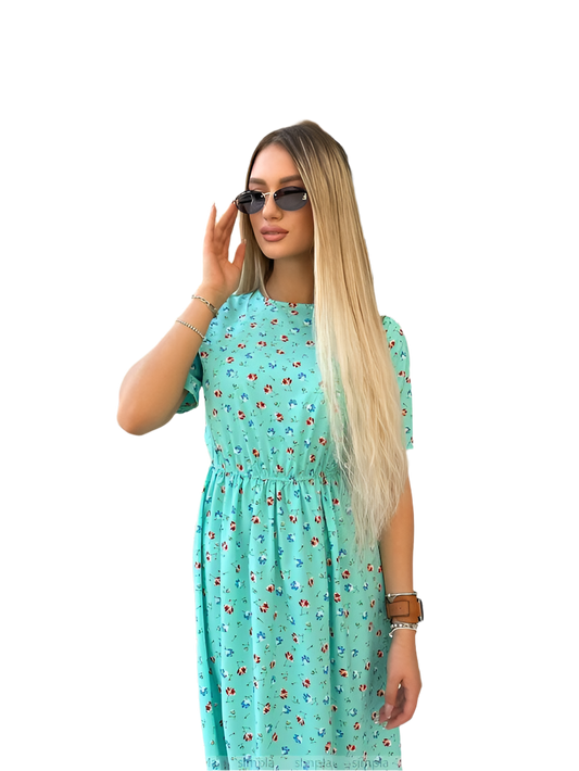 Woman wearing a light blue floral dress on a white background