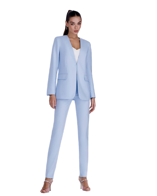 Collarless Women's Suit Jacket and Pants Light Blue