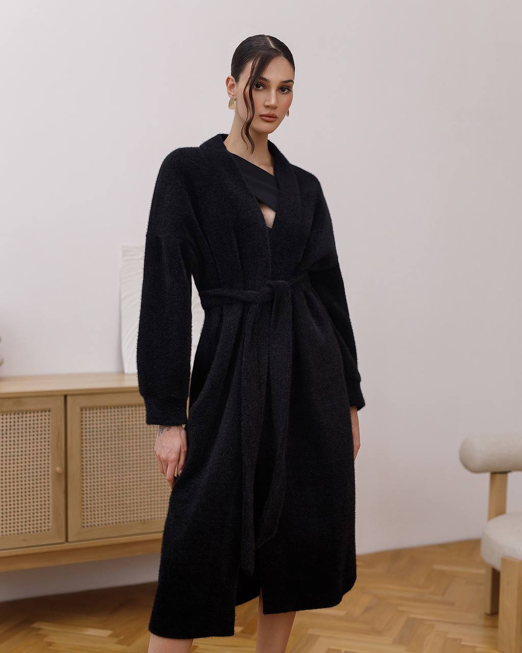 Silva Fluffy Black Long Cardigan with Belt for Women