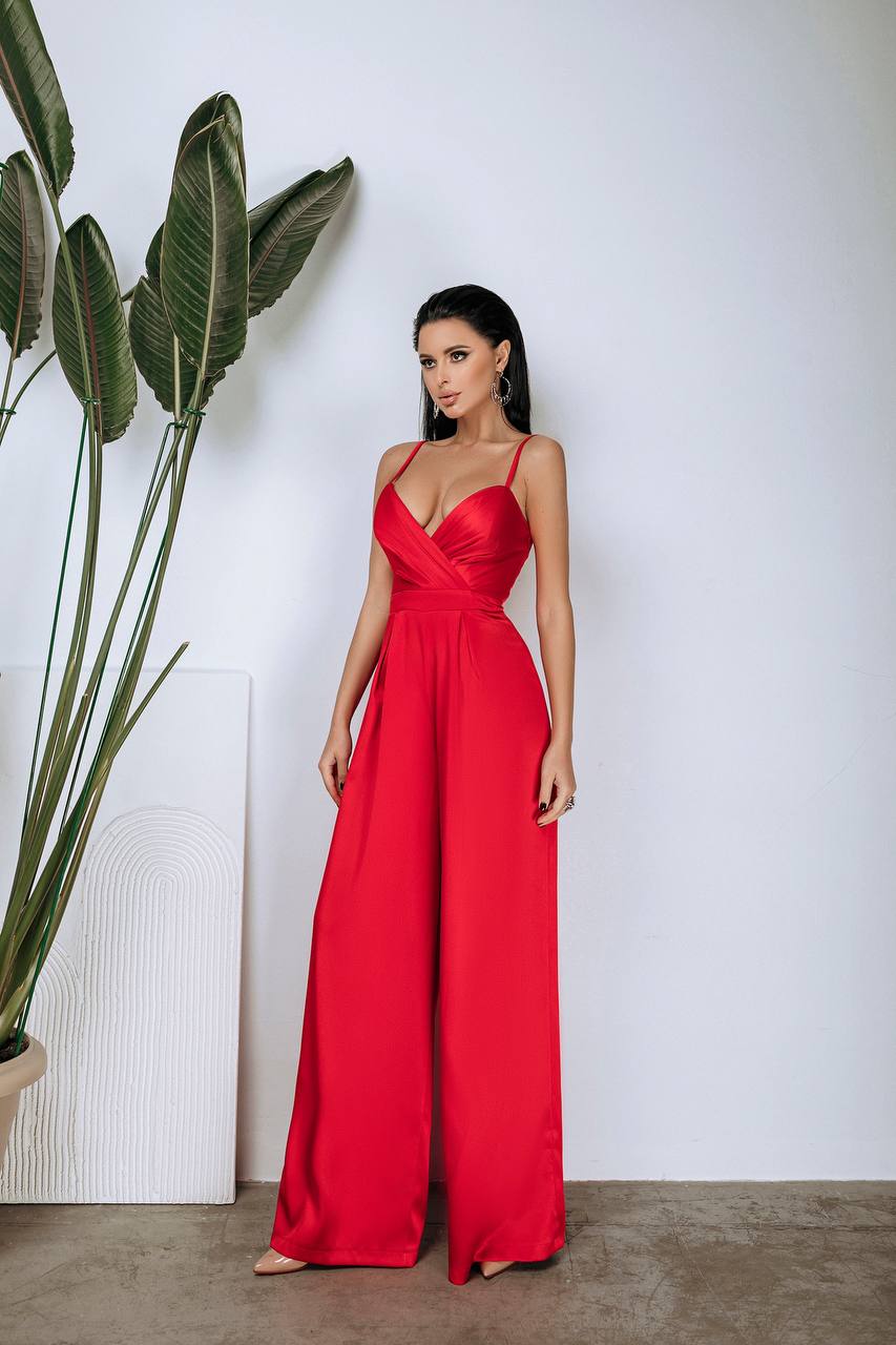 Women Jumpsuit Crystal in Mango Satin with Wide Legs and Spaghetti Straps