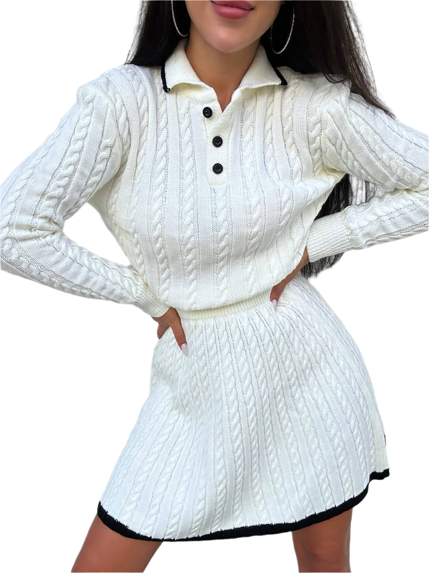 Christian Womens Knitted Suit Top and Skirt Set White Black Trim